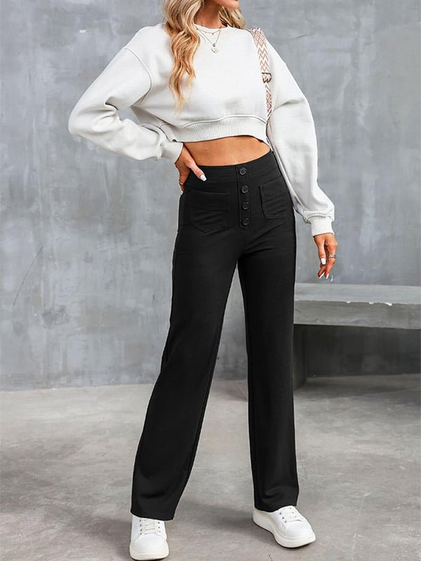 ⏳ Solid Colour Casual Straight Leg Multi-Pocket High Stretch Pants